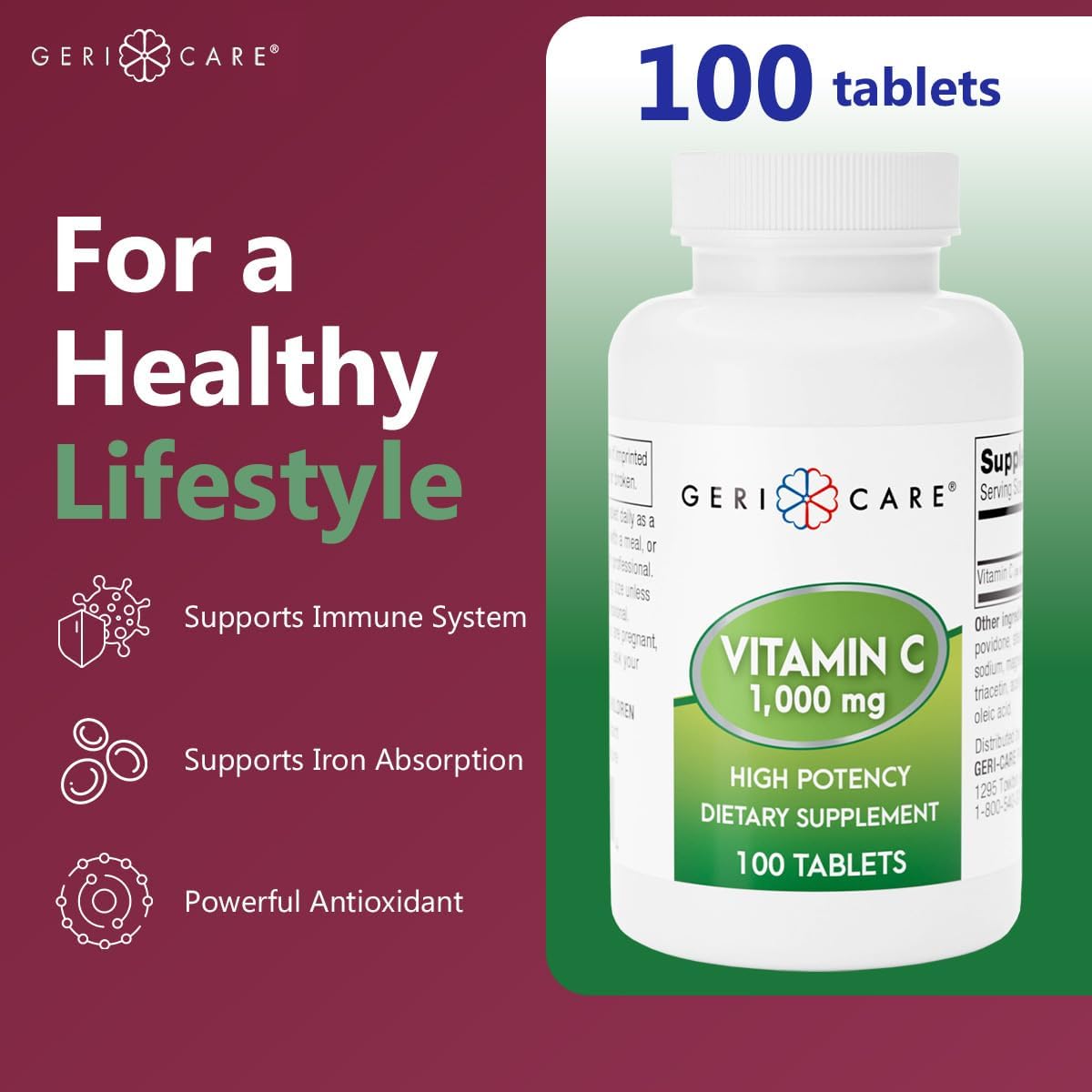 GeriCare Vitamina C 1000 mg – Alta Potencia – 100 Comprimidos