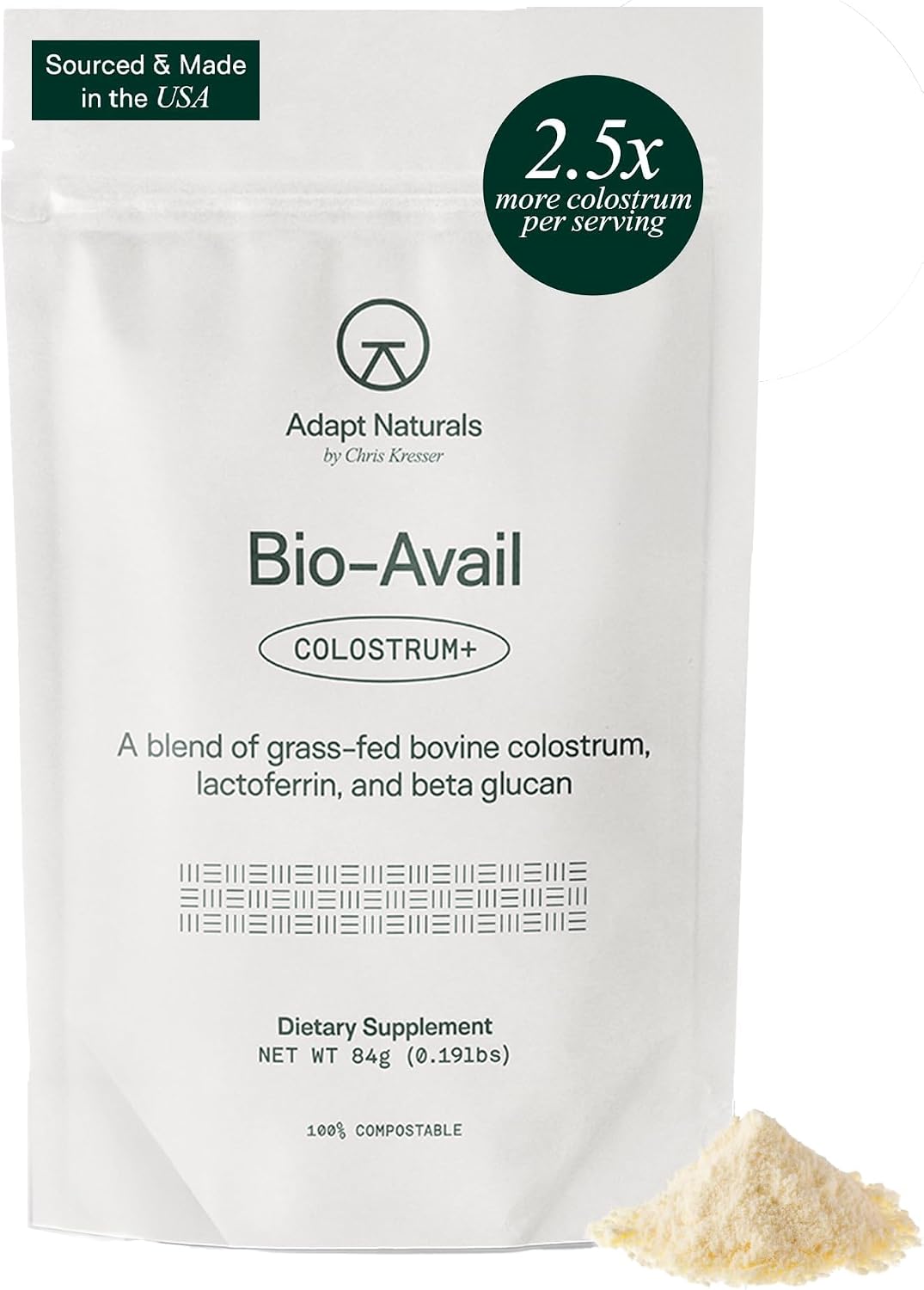 Adapt Naturals Bio-Avail Calostro Bovino con Lactoferrina y Beta-Glucano - 2500mg, 30 Días
