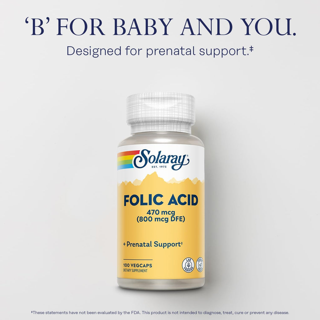 Solaray Ácido Fólico - Vitamina B9, Suplemento Prenatal - Favorece el Desarrollo de Glóbulos Rojos - Vegano, Verificado en Laboratorio - 100 Cápsulas Veganas