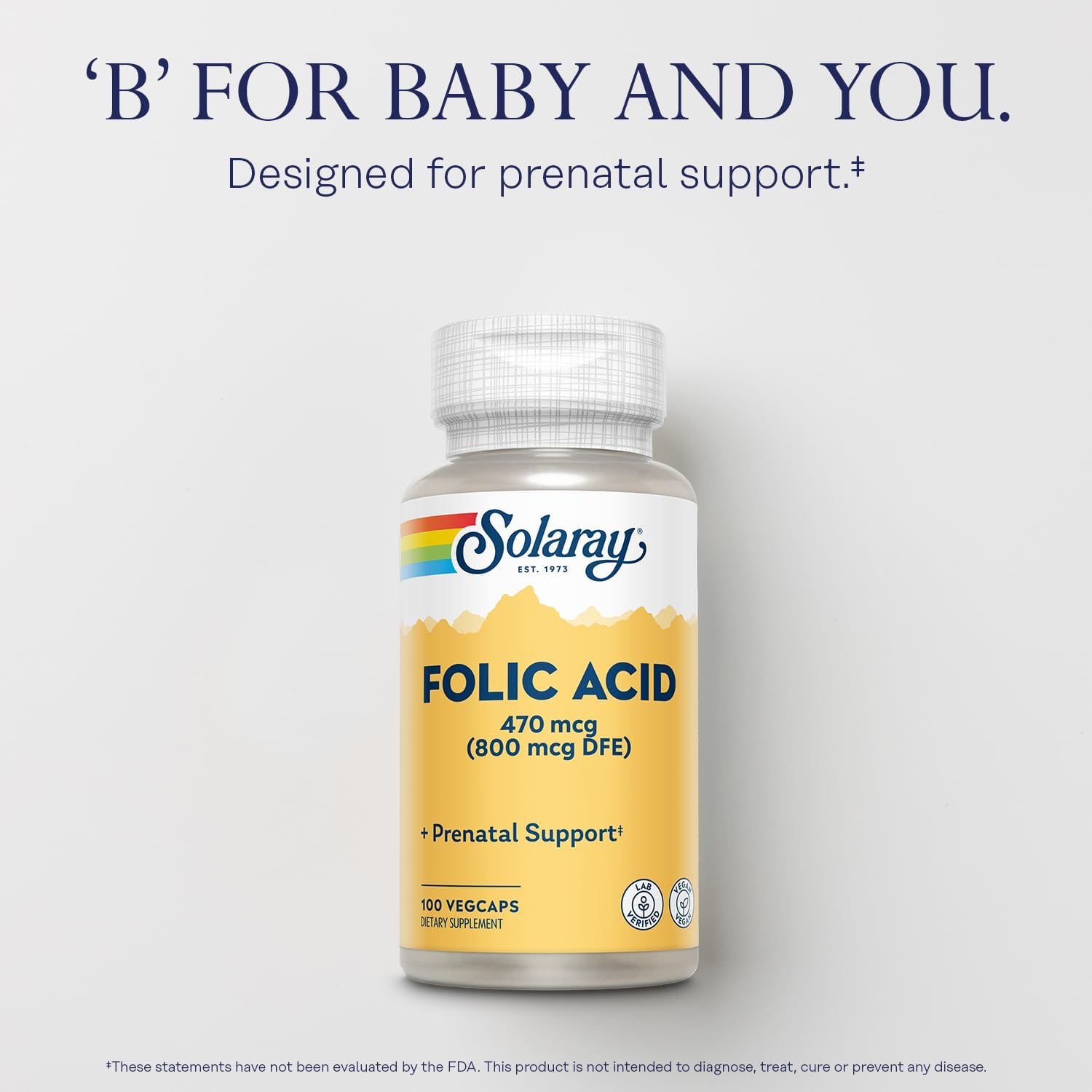 Solaray Ácido Fólico - Vitamina B9, Suplemento Prenatal - Favorece el Desarrollo de Glóbulos Rojos - Vegano, Verificado en Laboratorio - 100 Cápsulas Veganas