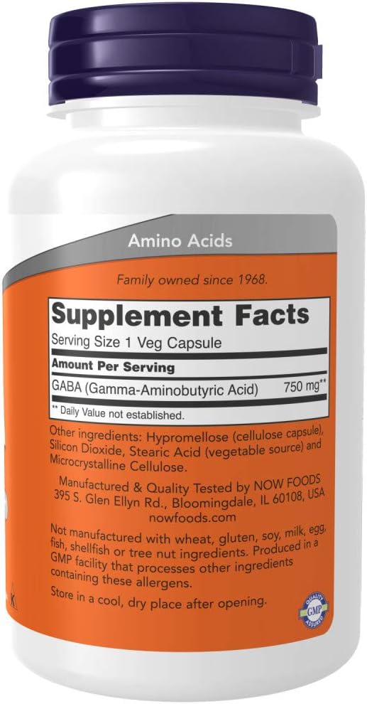 NOW Foods GABA 750mg, 200 Cápsulas (2 Envases de 100)