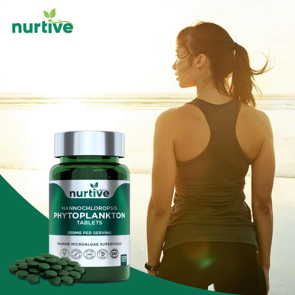 NURTIVE Nannochloropsis Phytoplankton Tabletas – 250mg por Tableta – Vegano, Sin Gluten, No Transgénico, Sin Rellenos – 120 Tabletas