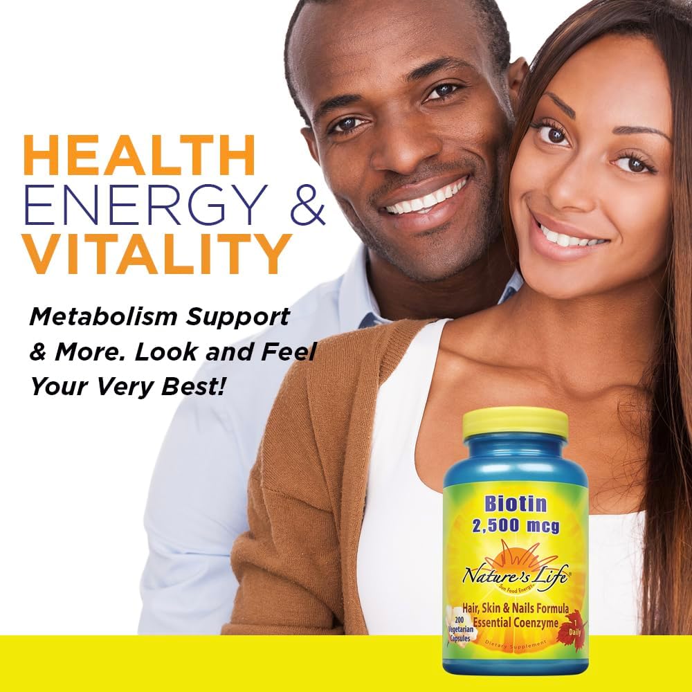 Nature's Life Biotina 2500 mcg – 200 Cápsulas Vegetales para Cabello, Piel y Uñas