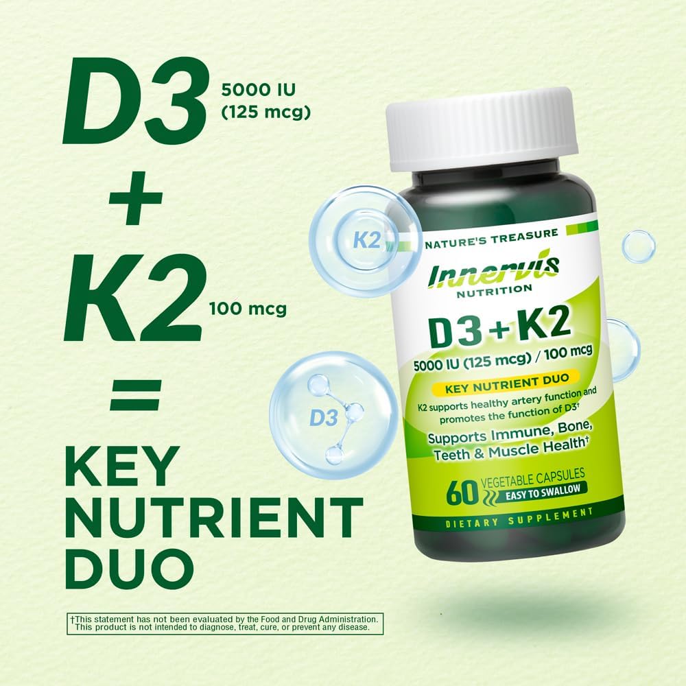INNERVISNUTRITION Vitamina D3 5000 UI + K2 MK-7 100 mcg – Apoyo óseo, cardíaco e inmunológico, 60 cápsulas