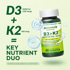 INNERVISNUTRITION Vitamina D3 5000 UI + K2 MK-7 100 mcg – Apoyo óseo, cardíaco e inmunológico, 60 cápsulas