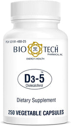 Bio-Tech Pharmacal D3-5 (5000 UI), 250 Cápsulas Vegetales – Suplemento Dietético Natural – Apoya la Salud Ósea e Inmunológica – Sin Lácteos, Pescado, Gluten, Cacahuetes, Mariscos y Soja