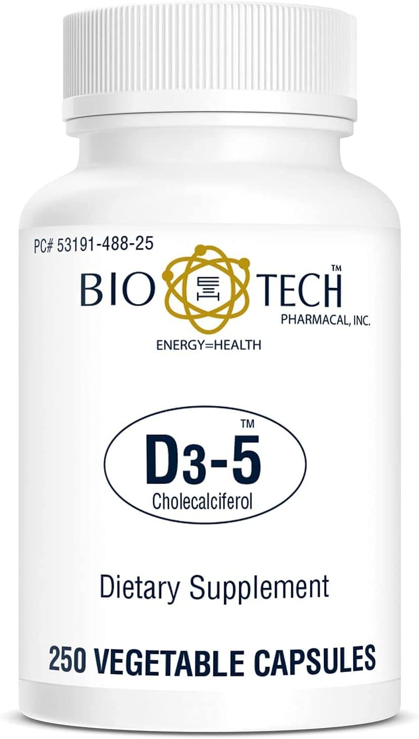 Bio-Tech Pharmacal D3-5 (5000 UI), 250 Cápsulas Vegetales – Suplemento Dietético Natural – Apoya la Salud Ósea e Inmunológica – Sin Lácteos, Pescado, Gluten, Cacahuetes, Mariscos y Soja