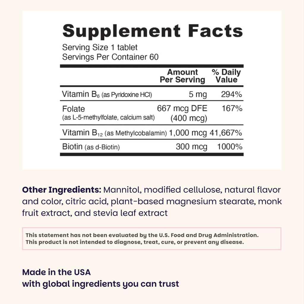 EZ Melts Energía, Memoria y Estado de Ánimo - Suplemento de Vitaminas B con Vitamina B12, B6, Folato y Biotina - Sin OMG y Vegano - Cherry Berry - 60 Comprimidos Bucodispersables (60 Dosis)