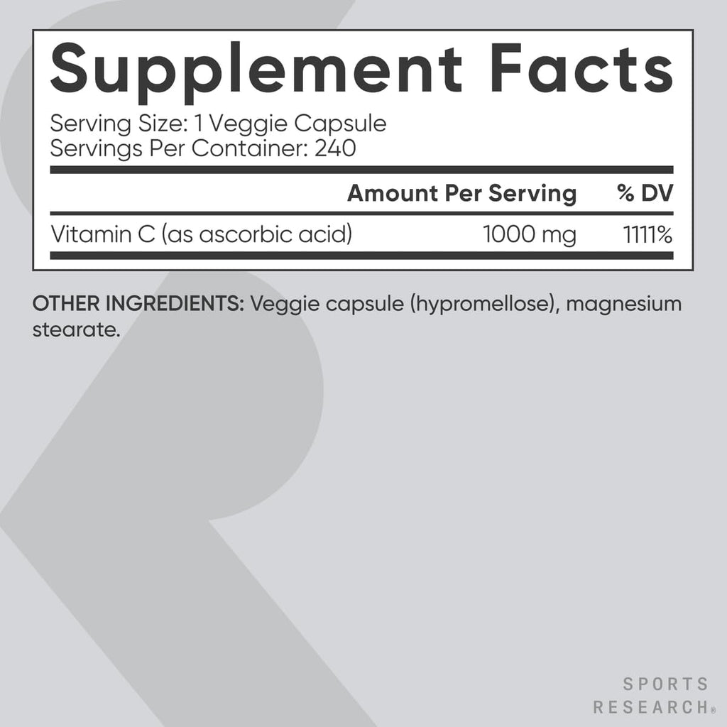 Sports Research Vitamina C de Alta Potencia - 1000 mg, 240 Cápsulas Veganas