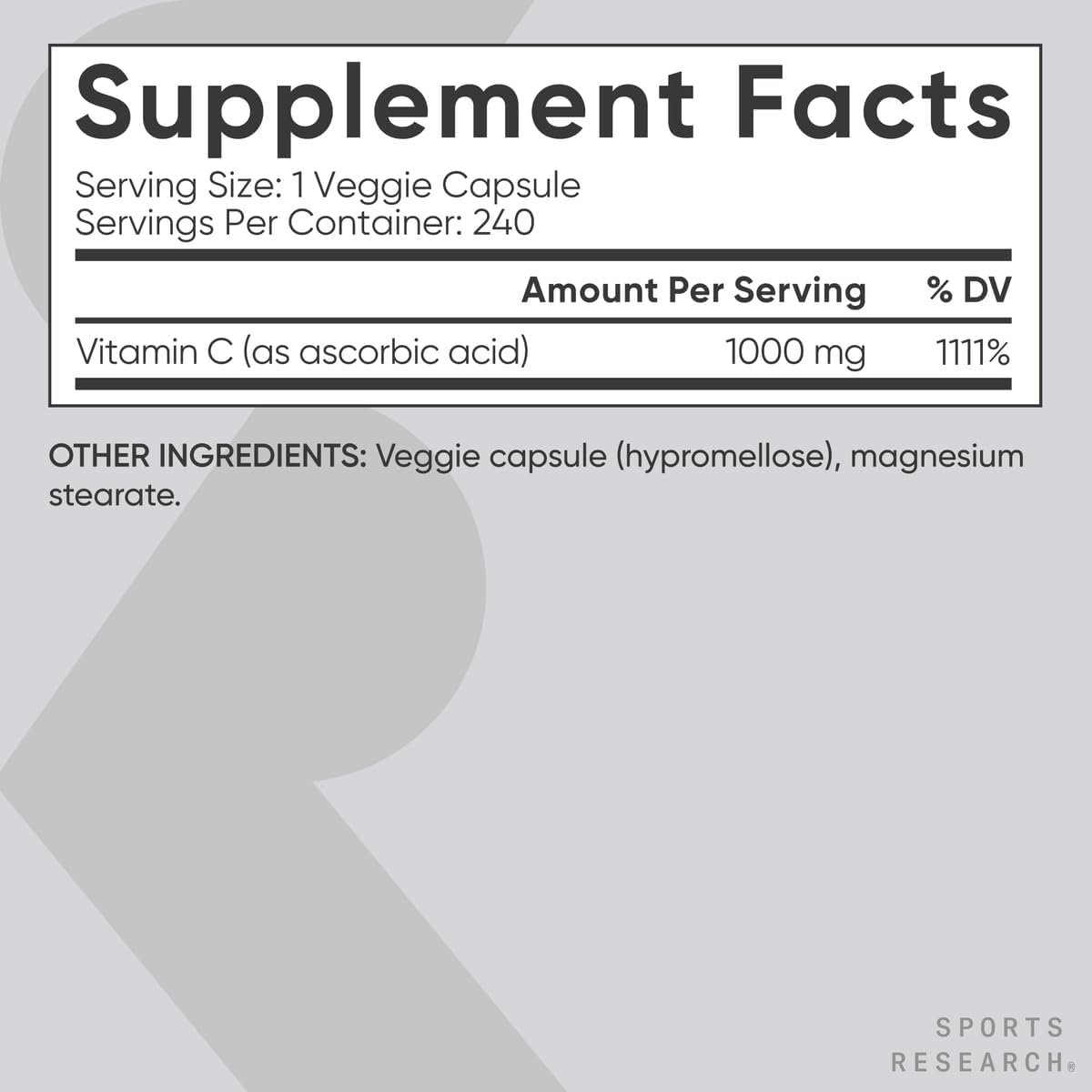 Sports Research Vitamina C de Alta Potencia - 1000 mg, 240 Cápsulas Veganas