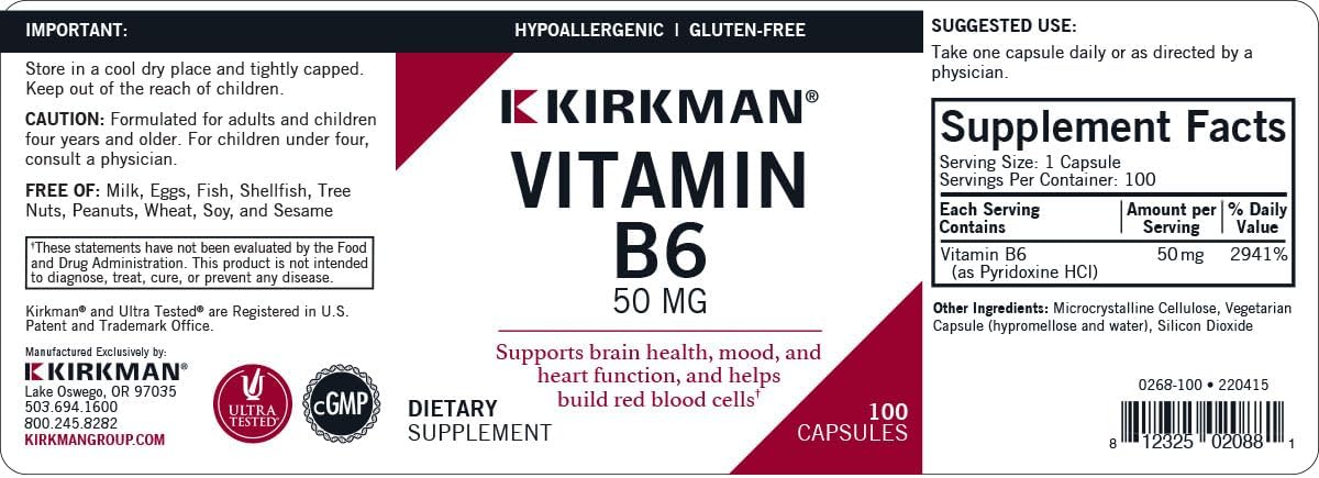 Kirkman Vitamina B-6 50 mg – Hipoalergénico – 100 Cápsulas Vegetales
