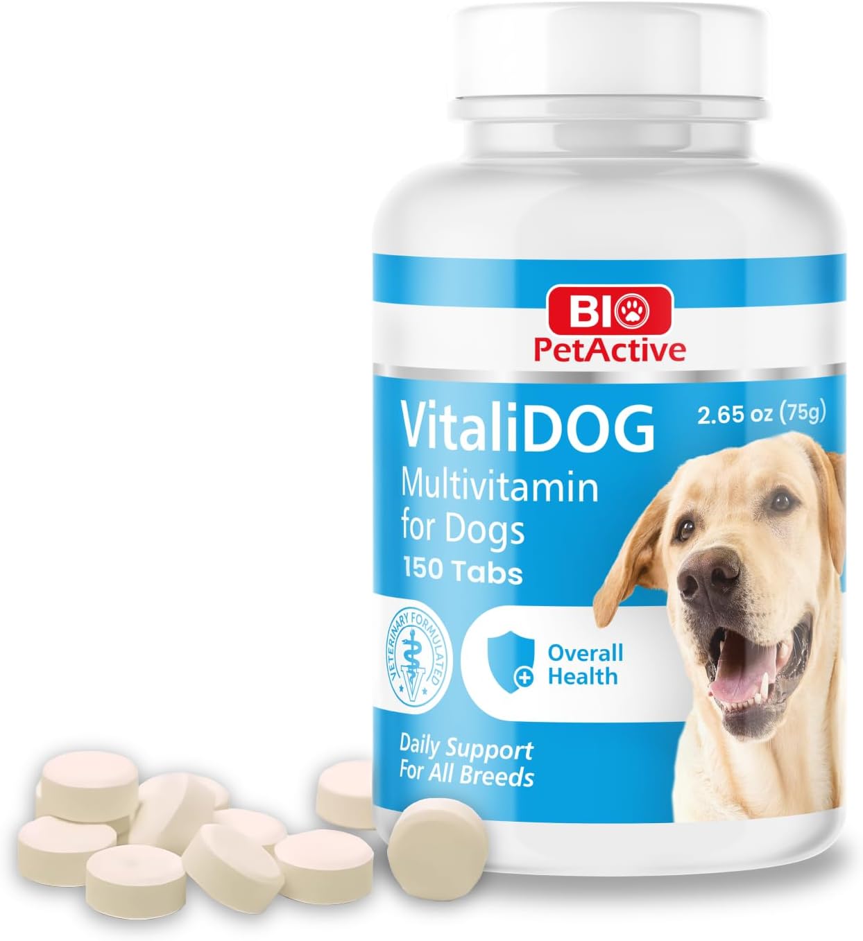 Bio PetActive VitaliDOG Chewable Multivitamin for Dogs with Biotin, Vitamins A, E, B Complex and Amino Acids - 150 Chewable Tablets
