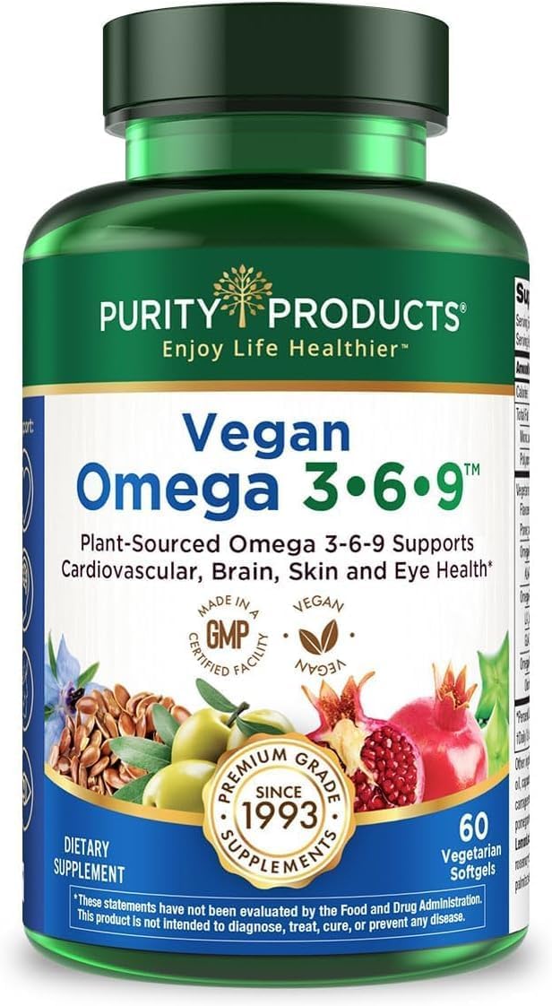 Purity Products Vegan Omega 3-6-9 Fórmula - Complejo de Ácidos Grasos Esenciales 5 en 1 - 180 Cápsulas Blandas