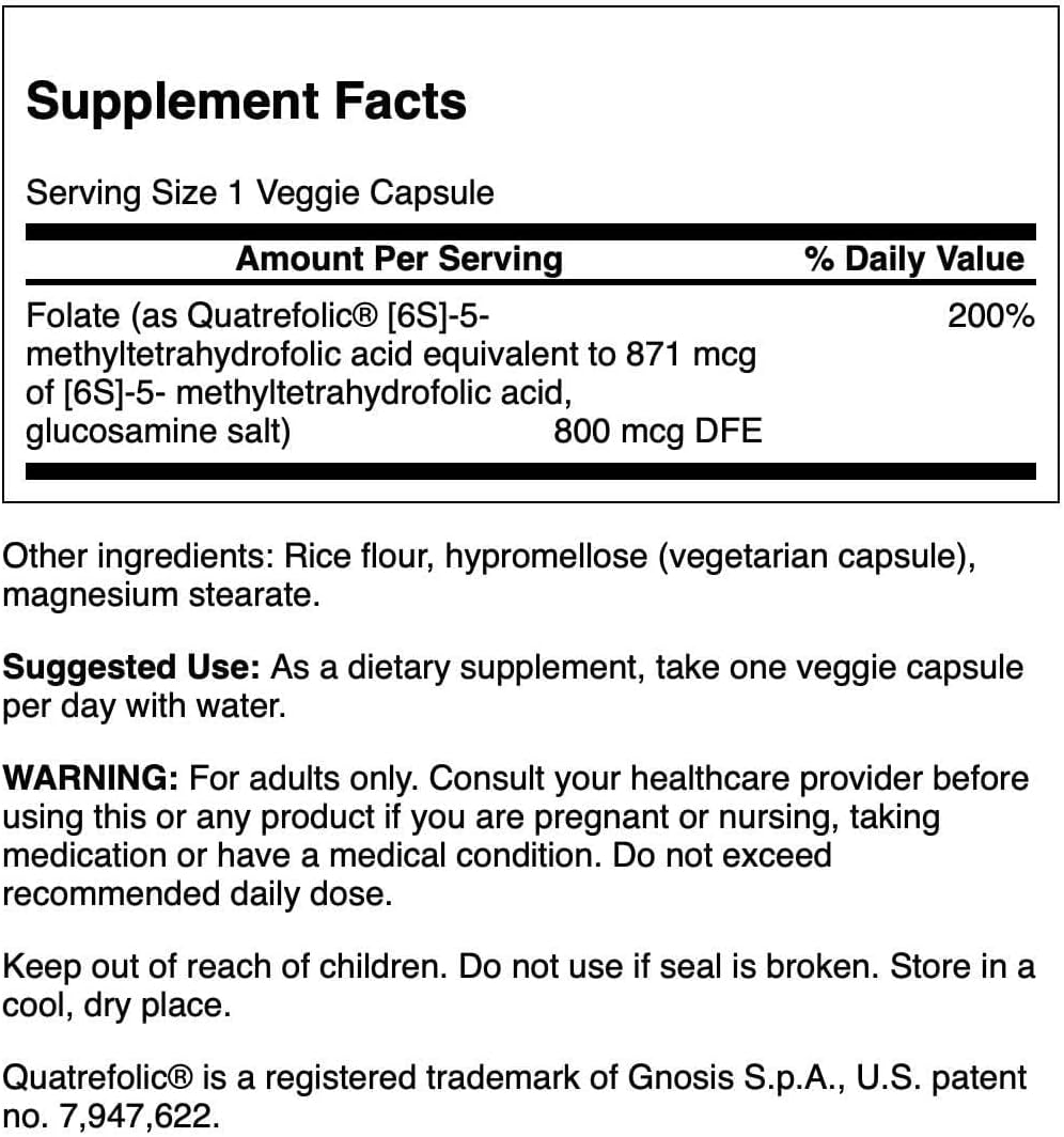 Swanson Folato 800 mcg - 5-Metiltetrahidrofolato - 30 Cápsulas Vegetales