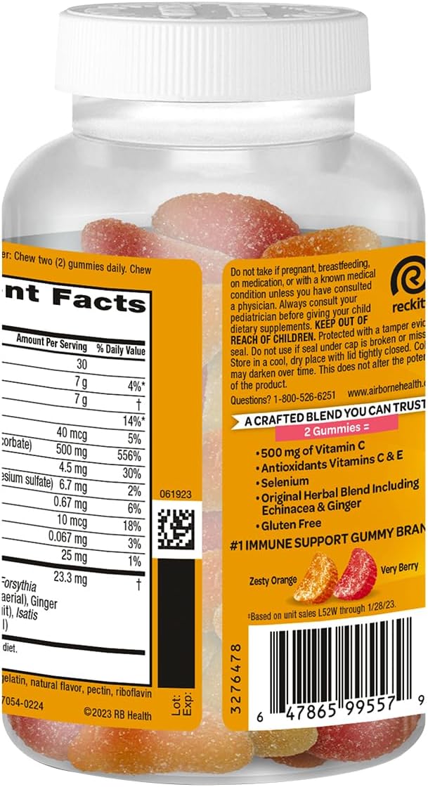 Airborne Gominolas de Vitamina C + Zinc para Niños, 500mg, Sabor Frutas Variadas, Sin Gluten, 126 Gominolas (2 Paquetes)