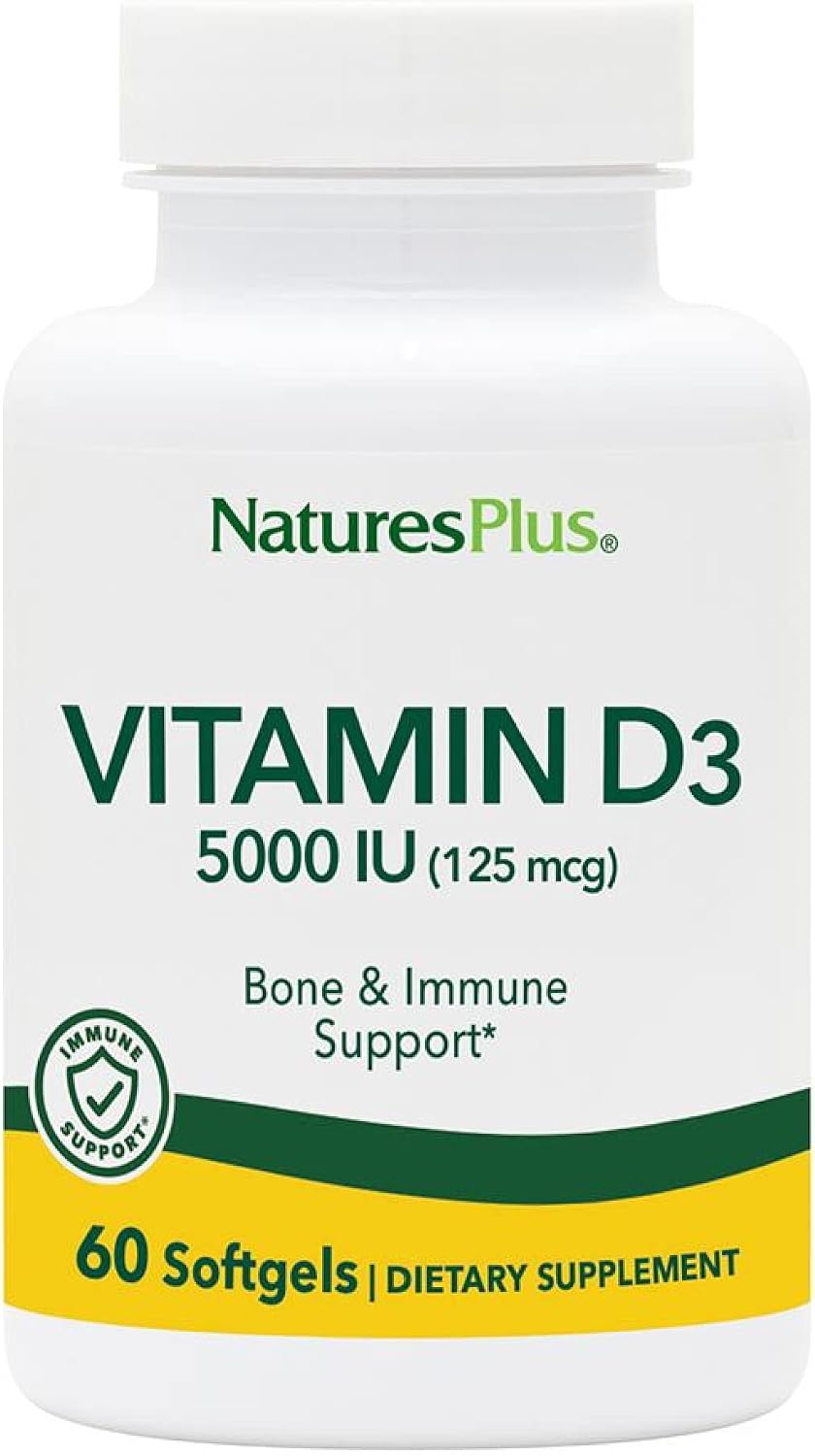 NaturesPlus Vitamina D3 5000 UI - 60 Cápsulas Blandas - Apoyo Óseo e Inmunitario