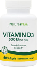 NaturesPlus Vitamina D3 5000 UI - 60 Cápsulas Blandas - Apoyo Óseo e Inmunitario