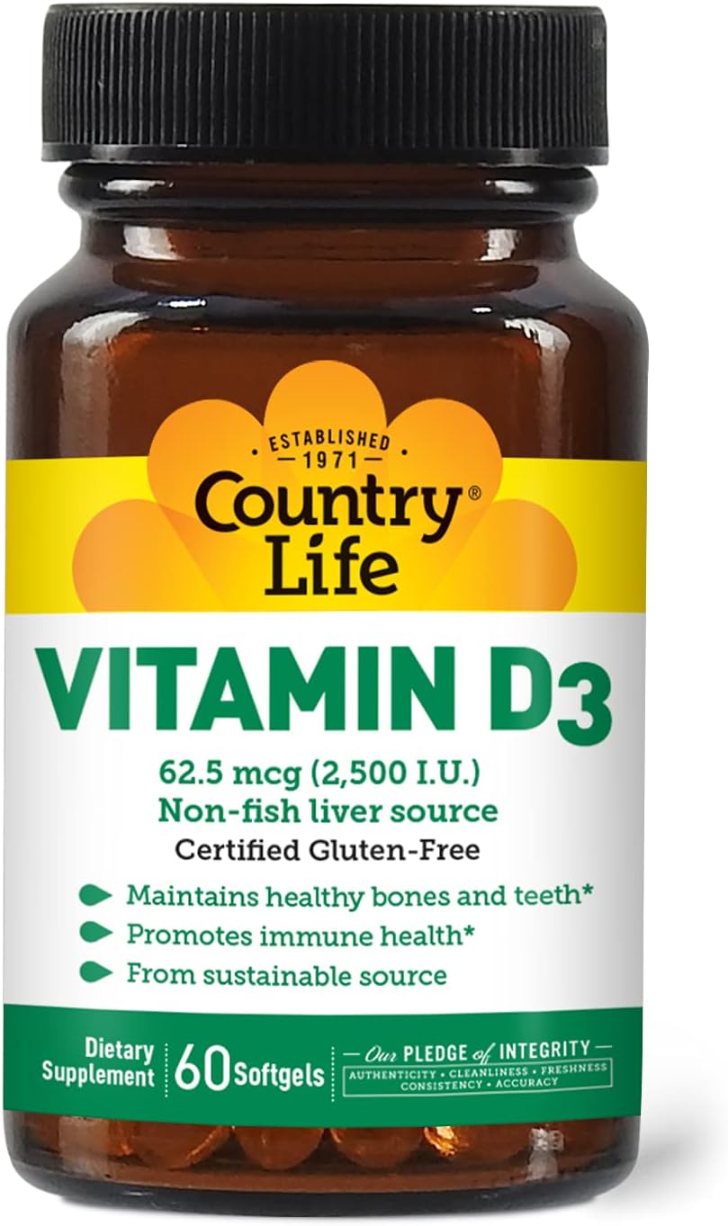 Country Life Vitamina D3 2500 UI – 60 Cápsulas Blandas Sin Gluten