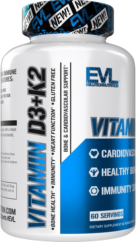 Evlution Nutrition Vitamina D3 K2 - 5000 UI D3 con 90 mcg K2 MK-7 por dosis - 60 Cápsulas Vegetales