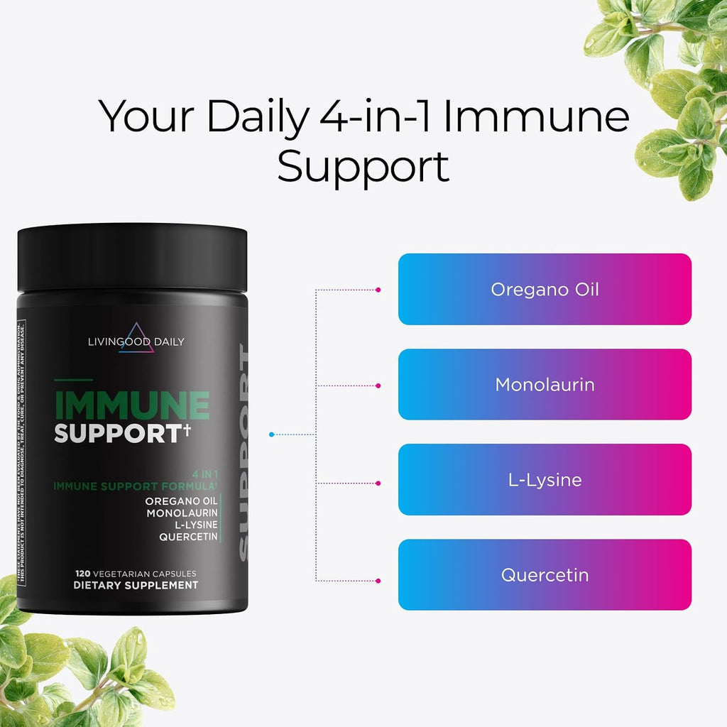 Livingood Daily Immune Support Supplement, 4 en 1 con Aceite de Orégano, Monolaurina, L-Lisina y Quercetina, 120 Cápsulas
