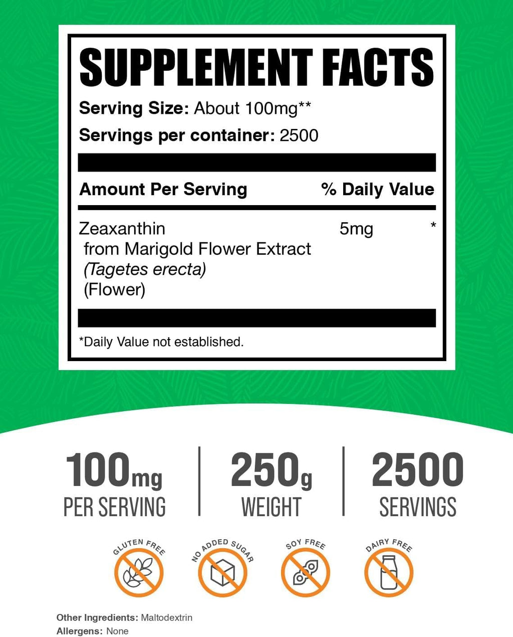 Zeaxantina en Polvo - 250g - Suplemento de Zeaxantina 5mg por Dosis - BulkSupplements