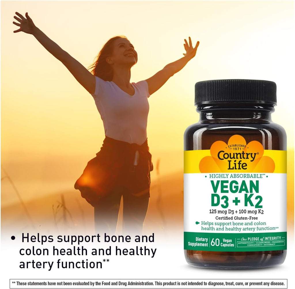 Country Life Vegan D3 + K2 – 5000 UI de Vitamina D3 y 100 mcg de MK-4 y MK-7 | Apoya la Salud Ósea e Inmunitaria | Vegano, Sin Gluten, B-Corp | 60 Cápsulas