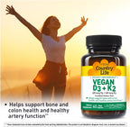 Country Life Vegan D3 + K2 – 5000 UI de Vitamina D3 y 100 mcg de MK-4 y MK-7 | Apoya la Salud Ósea e Inmunitaria | Vegano, Sin Gluten, B-Corp | 60 Cápsulas