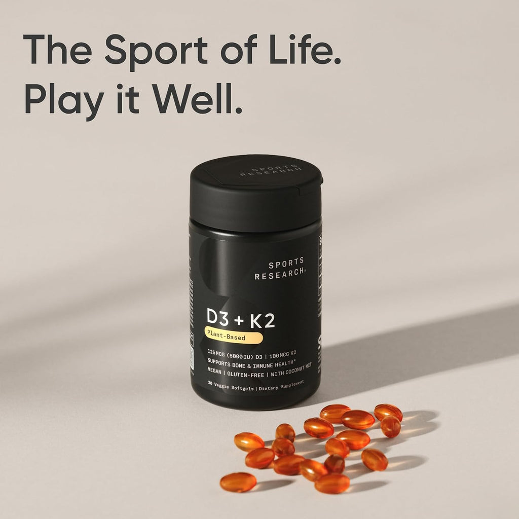 Sports Research Vitamina D3 + K2 con Aceite de Coco - 5000 UI (125 mcg) D3 Vegana + 100 mcg K2 MK-7 - 30 Cápsulas Blandas