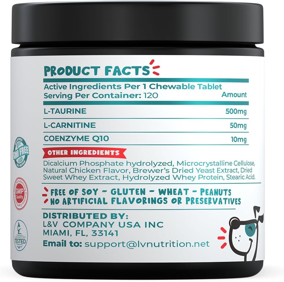 PET LOL Taurina para Perros con L-Carnitina y CoQ10, 120 Comprimidos Masticables