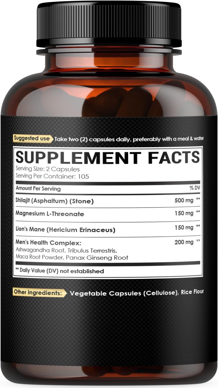 Magnesio con Lion's Mane, Shilajit, Ashwagandha, Raíz de Maca y Complejo de Salud Masculina - 210 Cápsulas