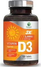 Vitamina D3 5000 UI (125 mcg) por Porción - Triple Potencia - Apoyo Inmunológico, Huesos, Dientes y Músculos - Vegano, Sin Gluten, Sabor a Frambuesa - 120 Comprimidos Masticables