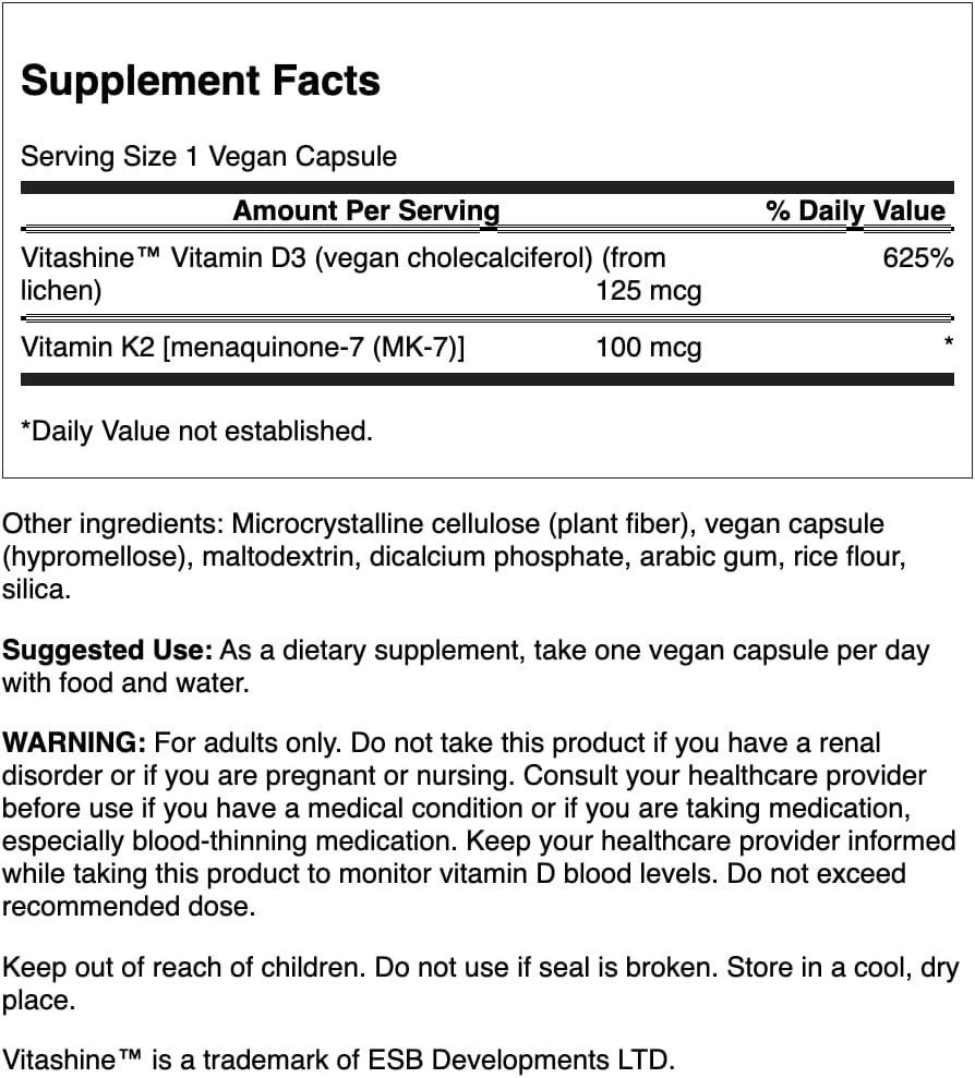 Swanson Extra Strength D3 & K2, 5000 UI y 100 mcg, 60 cápsulas veganas