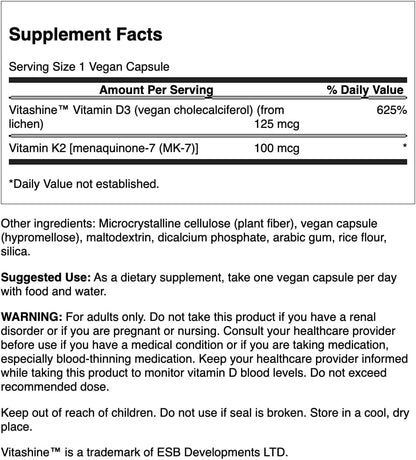 Swanson Extra Strength D3 & K2, 5000 UI y 100 mcg, 60 cápsulas veganas – Image 2