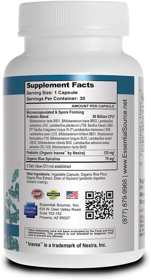 Essential Source TriActive Biotics for Men - Probiótico en Cápsulas, 30 mil millones UFC con Prebióticos y Espirulina Azul, Sin Conservación en Frío, Sin Alérgenos, 30 Cápsulas