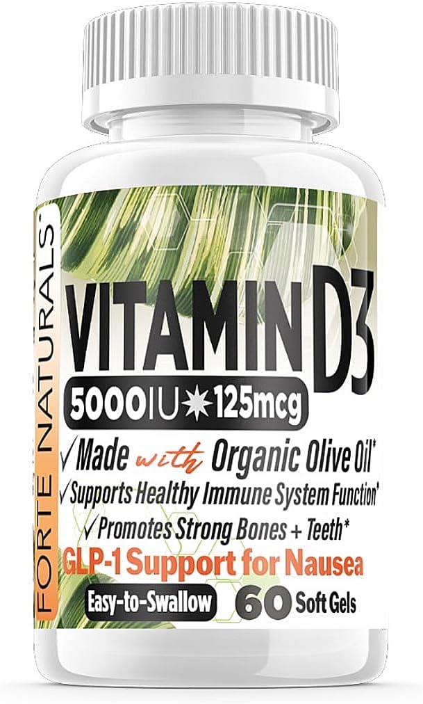 FORTE NATURALS Vitamina D3 5000 IU (125 mcg) - Cápsulas Blandas para Estómagos Sensibles
