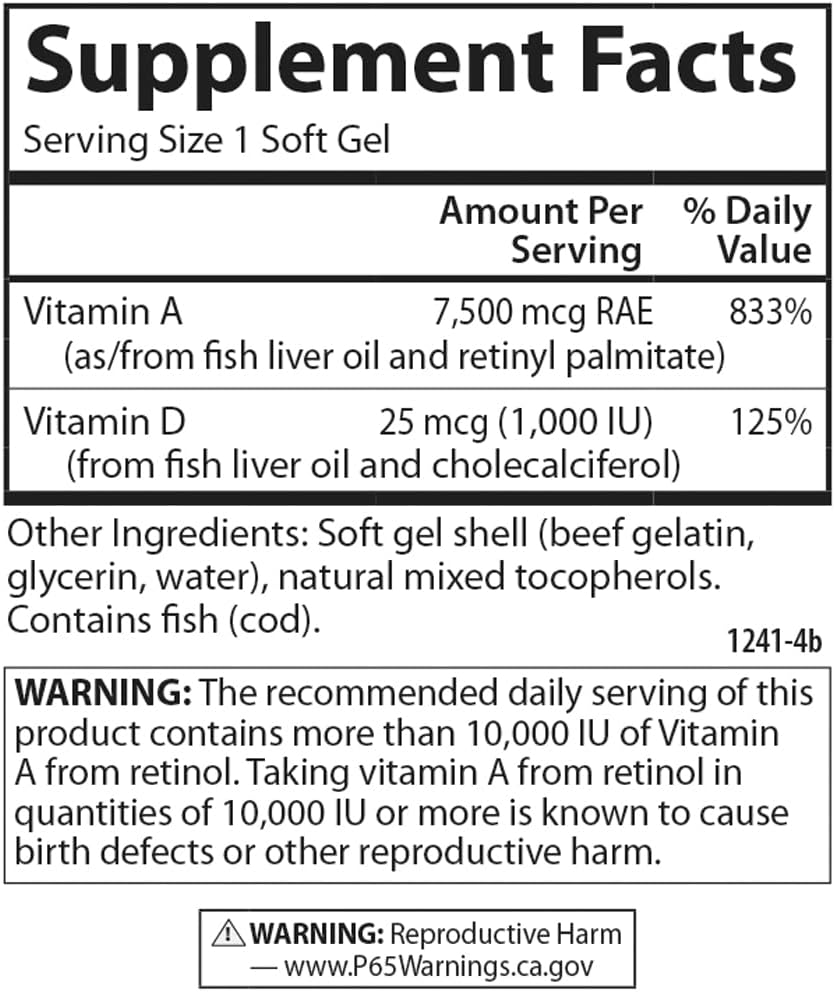 Carlson A y D, 25000 UI (7500 mcg RAE) Vitamina A, 1000 UI (25 mcg) Vitamina D3, 100 Cápsulas Blandas