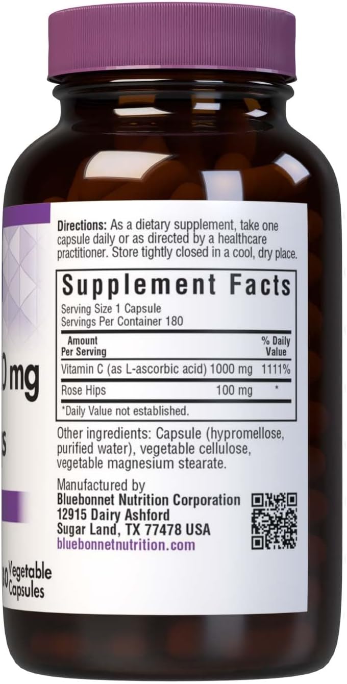 BlueBonnet Vitamina C 1000 mg con Escaramujo - 180 Cápsulas Vegetales