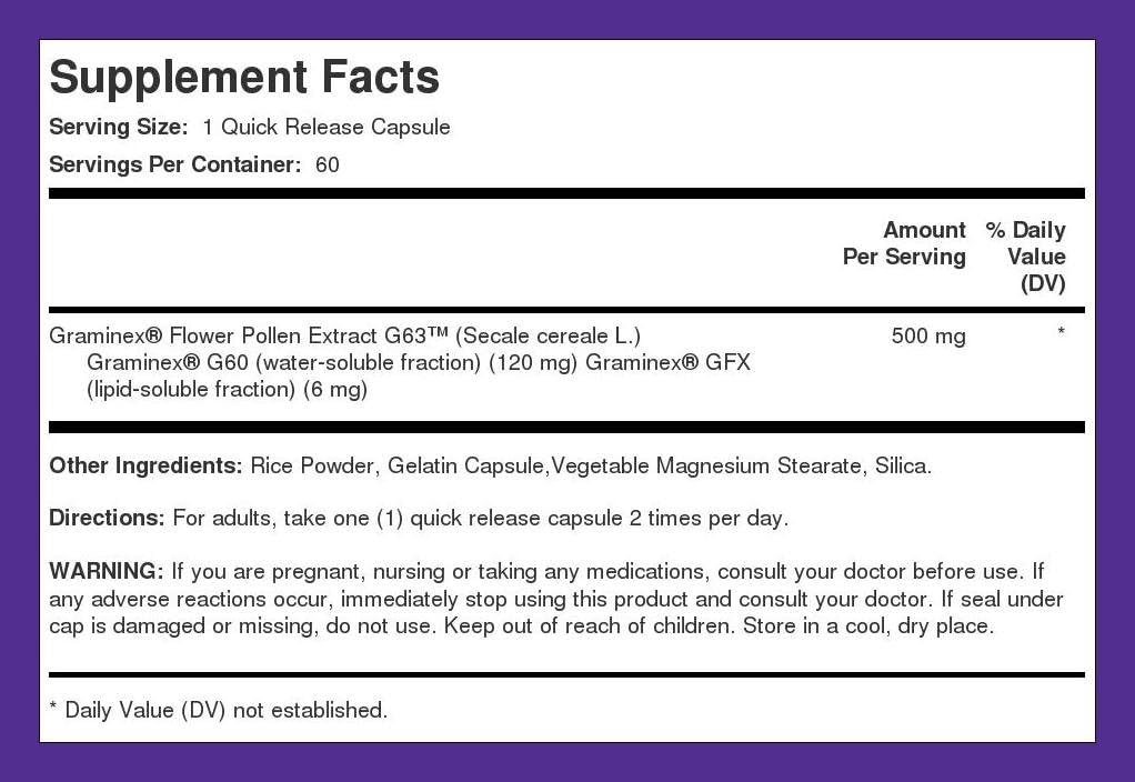 Piping Rock Extracto de polen de flor Graminex | 500 mg | 60 cápsulas | Suplemento para hombres y mujeres | Sin OMG, Sin gluten