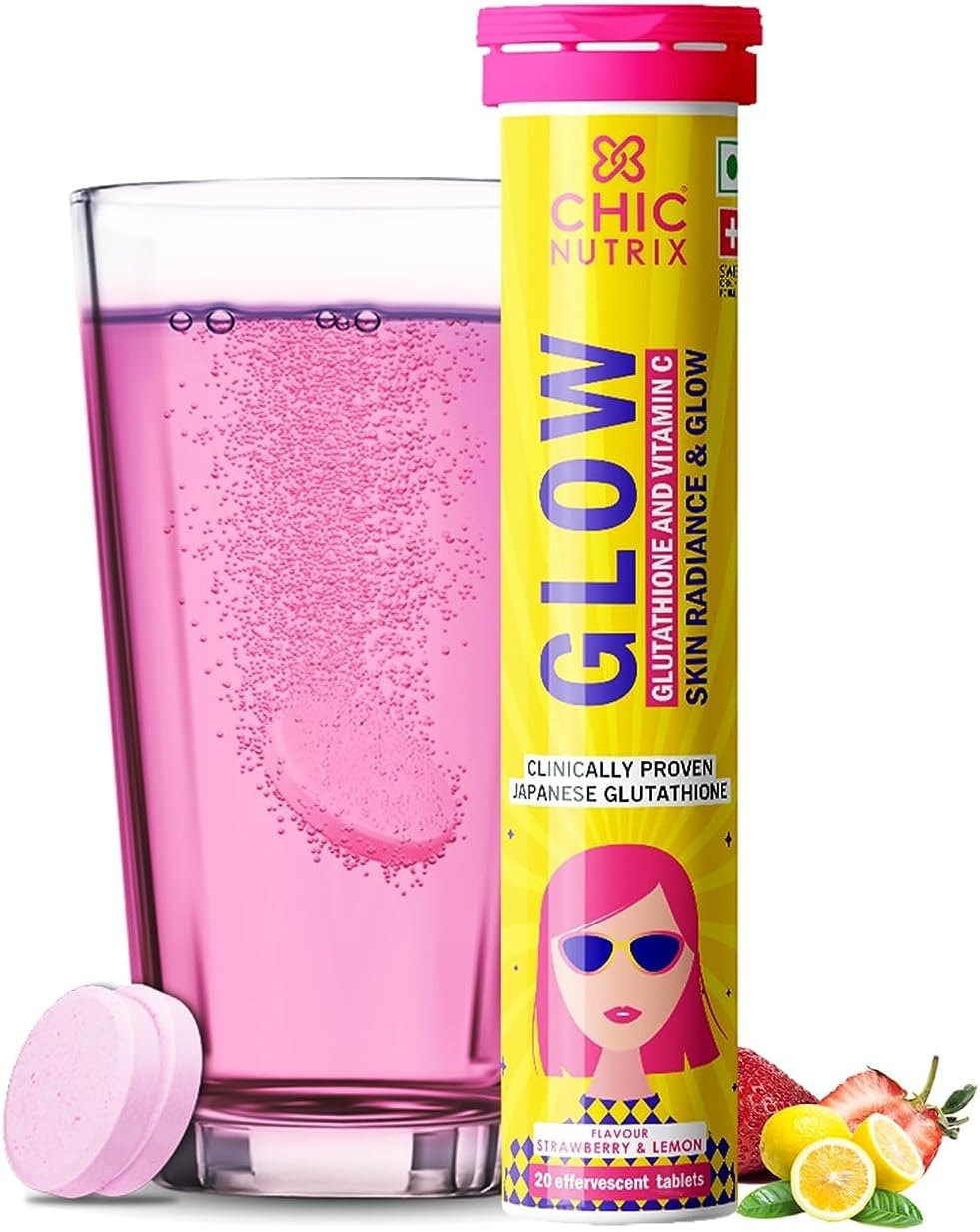 THRU Glow - Glutatión Japonés 500 mg y Vitamina C para el Cuidado de la Piel - 20 Comprimidos Efervescentes Sabor Fresa y Limón