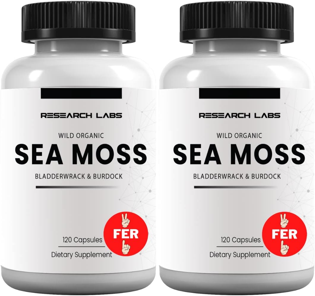 Research Labs Cápsulas de Musgo Irlandés Orgánico, Silvestre, con Bladderwrack y Raíz de Bardana, 120 Cápsulas