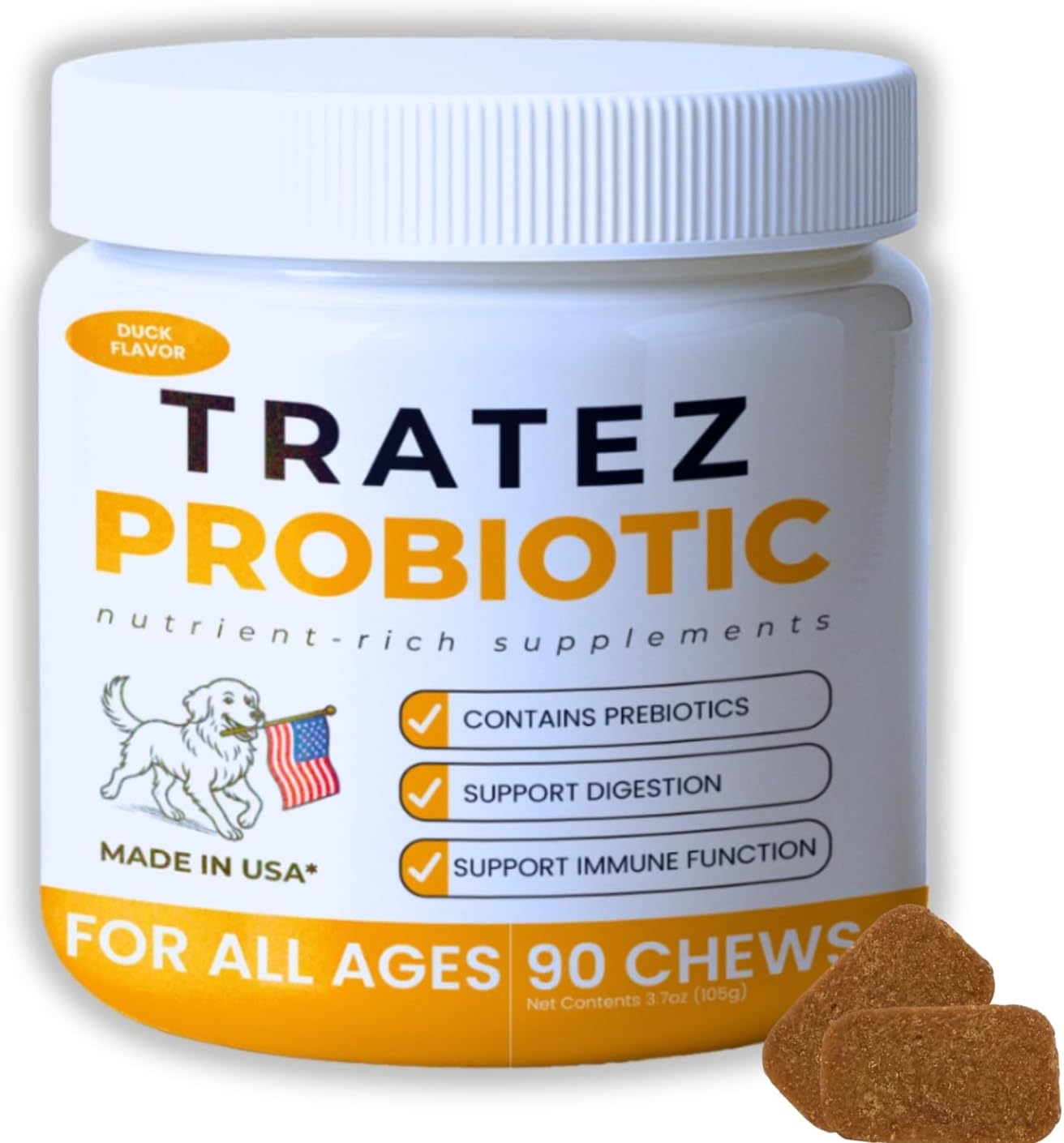 Probióticos para Perros - Bacillus Coagulans & Fibra Prebiótica - Masticables Digestivos y de Apoyo Inmunitario - Sabor a Pato - 90 Unidades