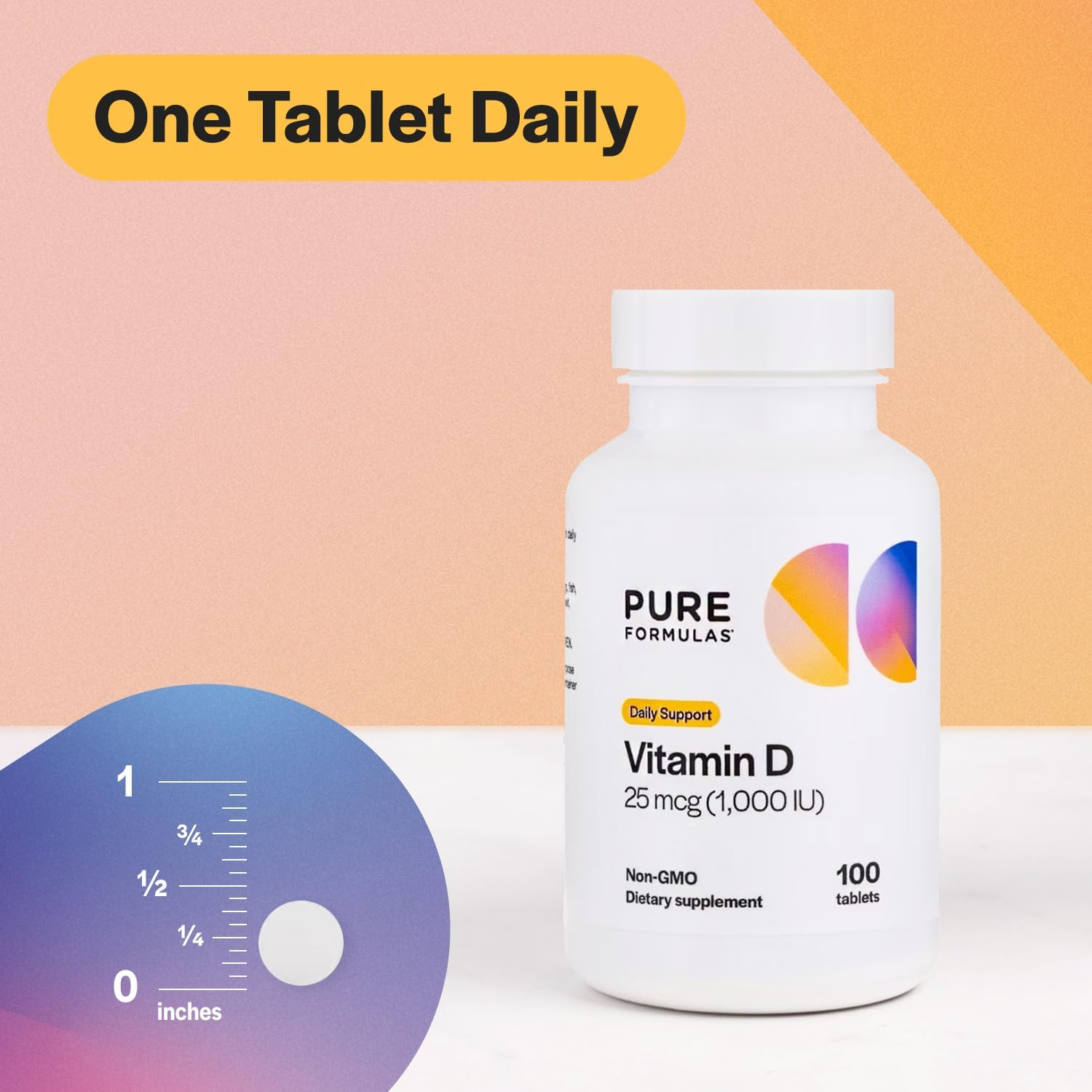 PureFormulas Vitamina D3 1.000 UI 25 mcg - Suplemento Premium para Huesos, Dientes y Sistema Inmunitario - No-GMO - 100 Comprimidos