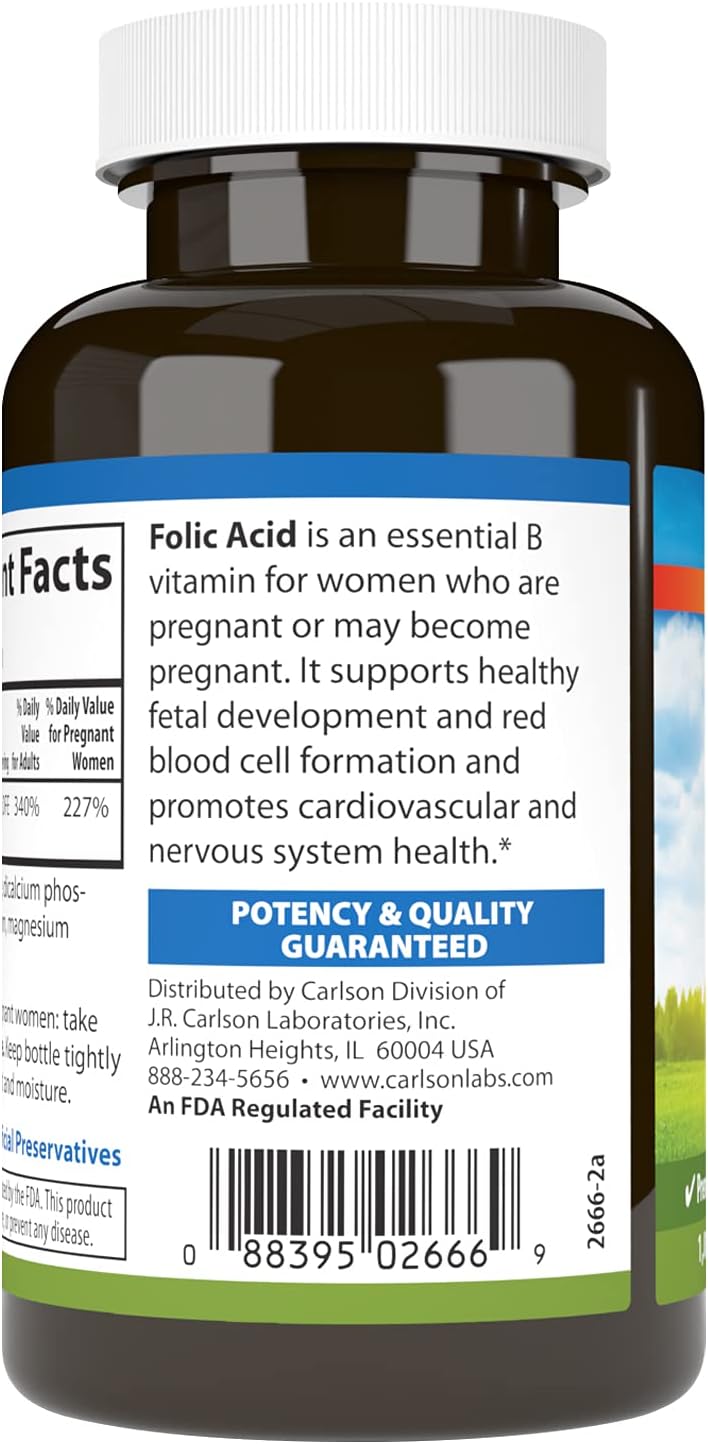 Carlson - Folic Acid, 800 mcg, Provides Important Prenatal Support, 1000 Tablets