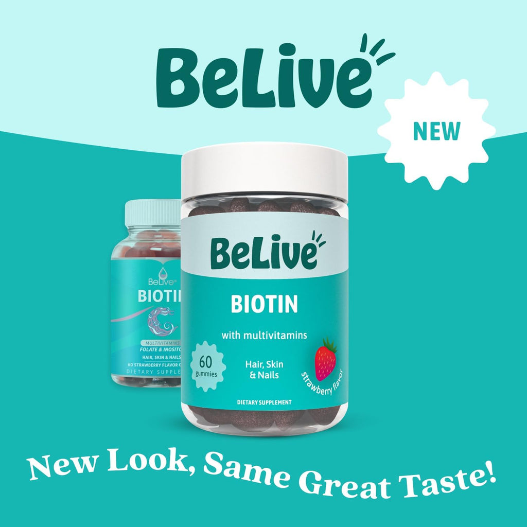 BeLive Biotin Gummies con Multivitaminas, Folato, Inositol – Vegano, con Pectina – Sabor Fresa