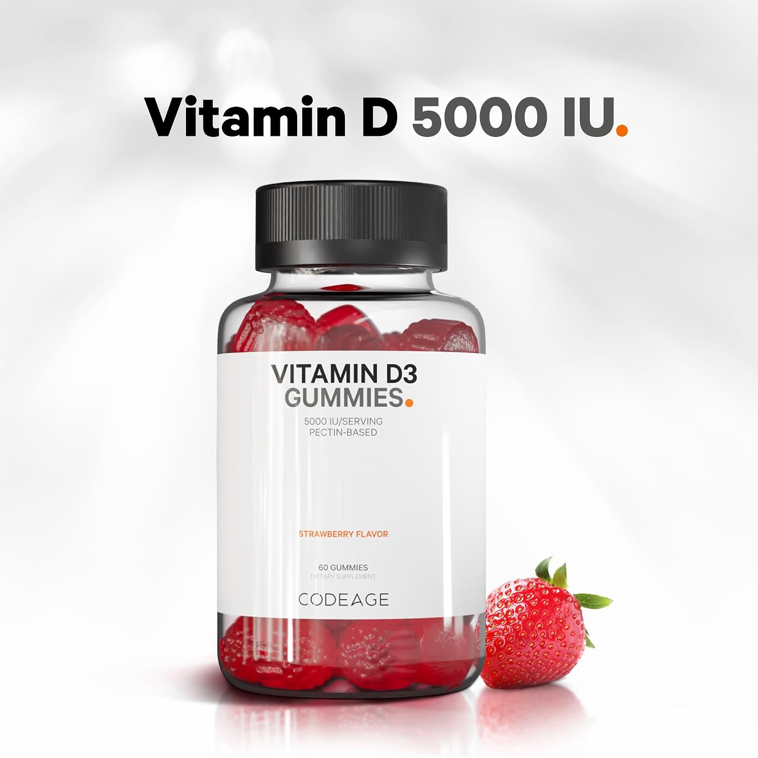 Codeage Vitamina D3 Gominolas, 5000 UI (125 mcg) de Colecalciferol, 60 Gominolas - Sabor Fresa, Sin Gelatina, Sin Gluten
