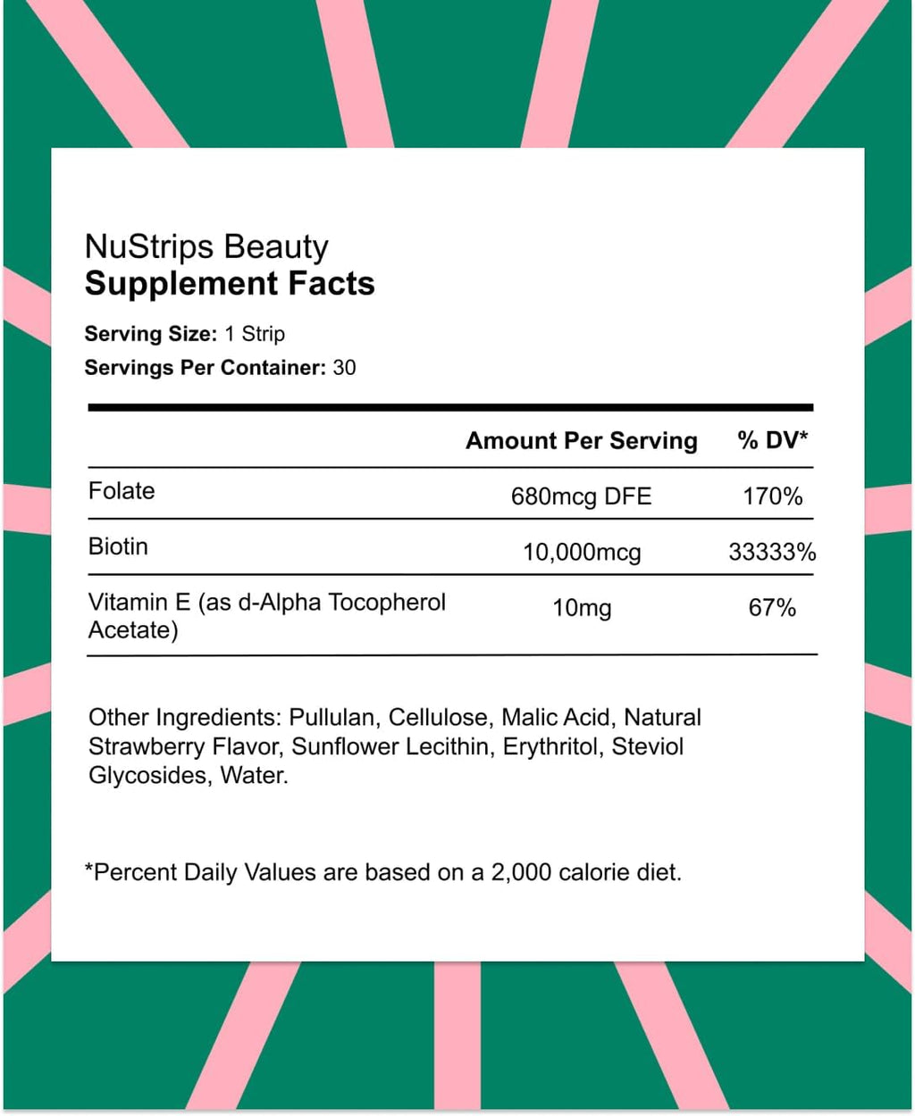 NuStrips Fast-Dissolving Beauty Strips con Biotina, Folato y Vitamina E – 30 tiras sabor fresa