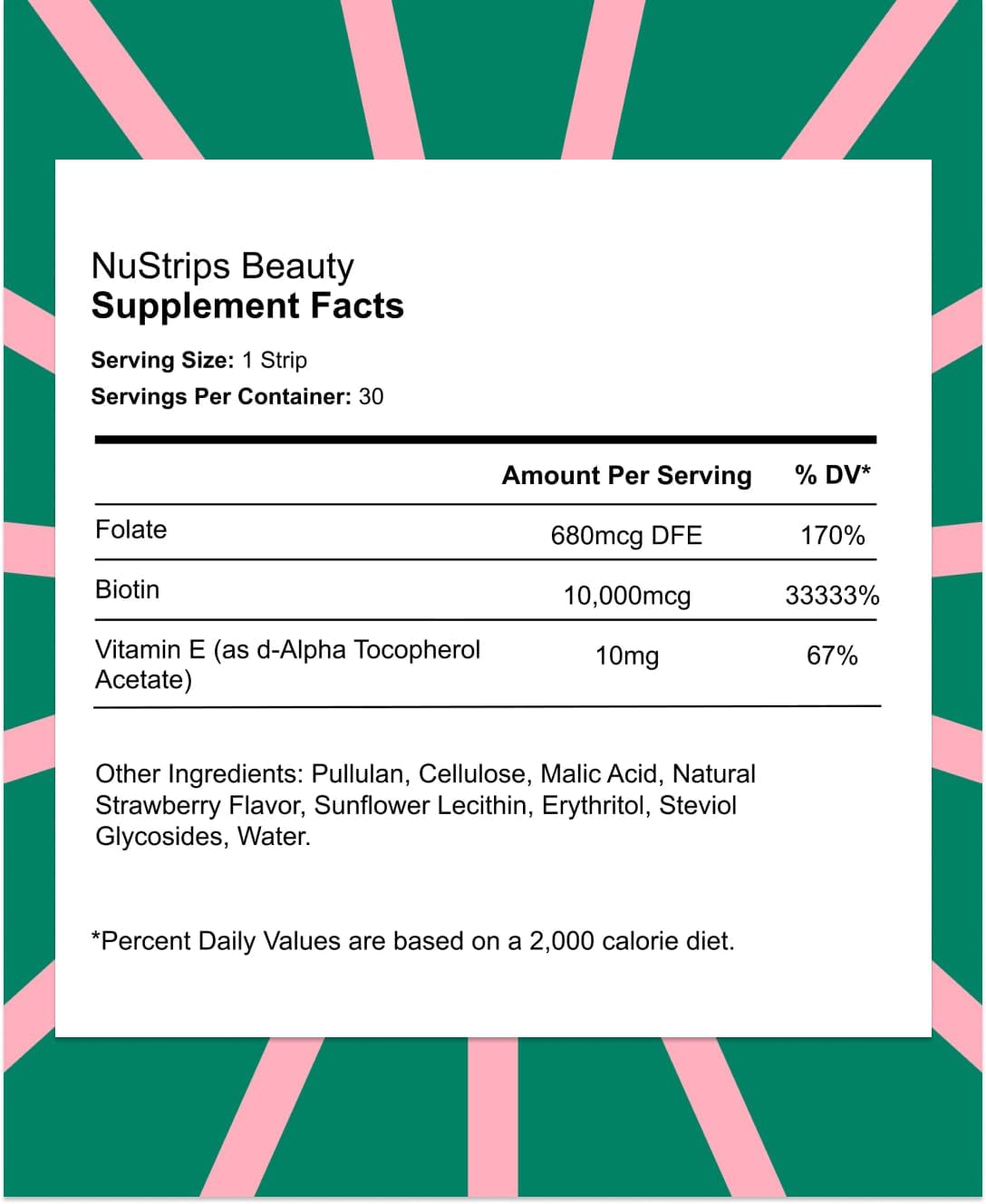 NuStrips Fast-Dissolving Beauty Strips con Biotina, Folato y Vitamina E – 30 tiras sabor fresa
