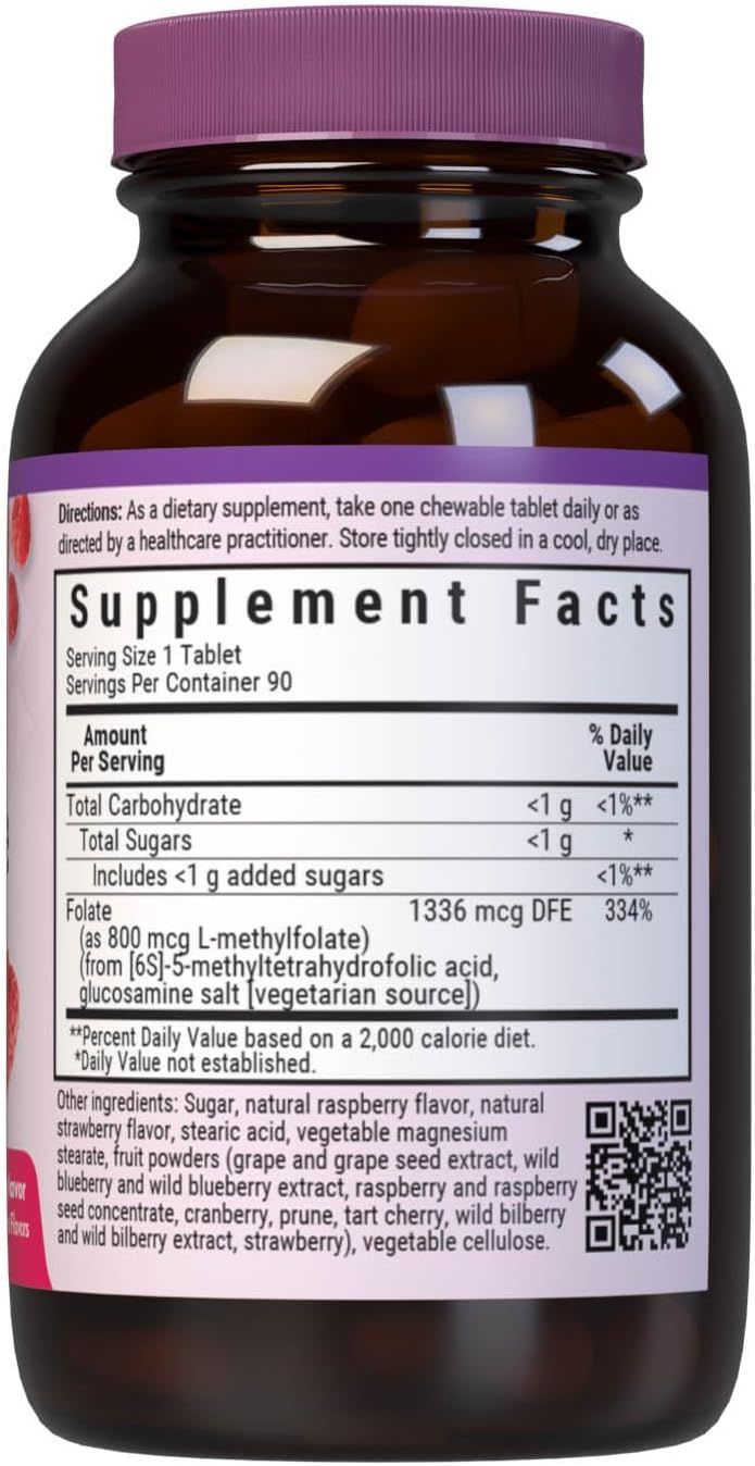 Bluebonnet EarthSweet Methylfolate 800 mcg - Dietary Supplement with Active 5-MTHF - 90 Raspberry Flavored Chewable Tablets