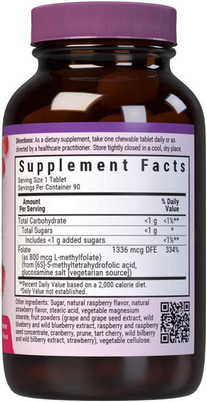Bluebonnet EarthSweet Metilfolato 800 mcg - Complemento Alimenticio con 5-MTHF Activo - 90 Comprimidos Masticables Sabor – Image 2