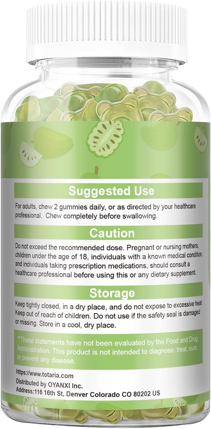 Totaria Sugar Free Soursop Oil Graviola Sea Moss Gummies - Apoyo Digestivo, Sueño, Piel, Inmunidad y Antioxidante - Guanábana con Musgo Marino, 150mg Aceite de Semilla Negra Orgánico No-OGM Vegano